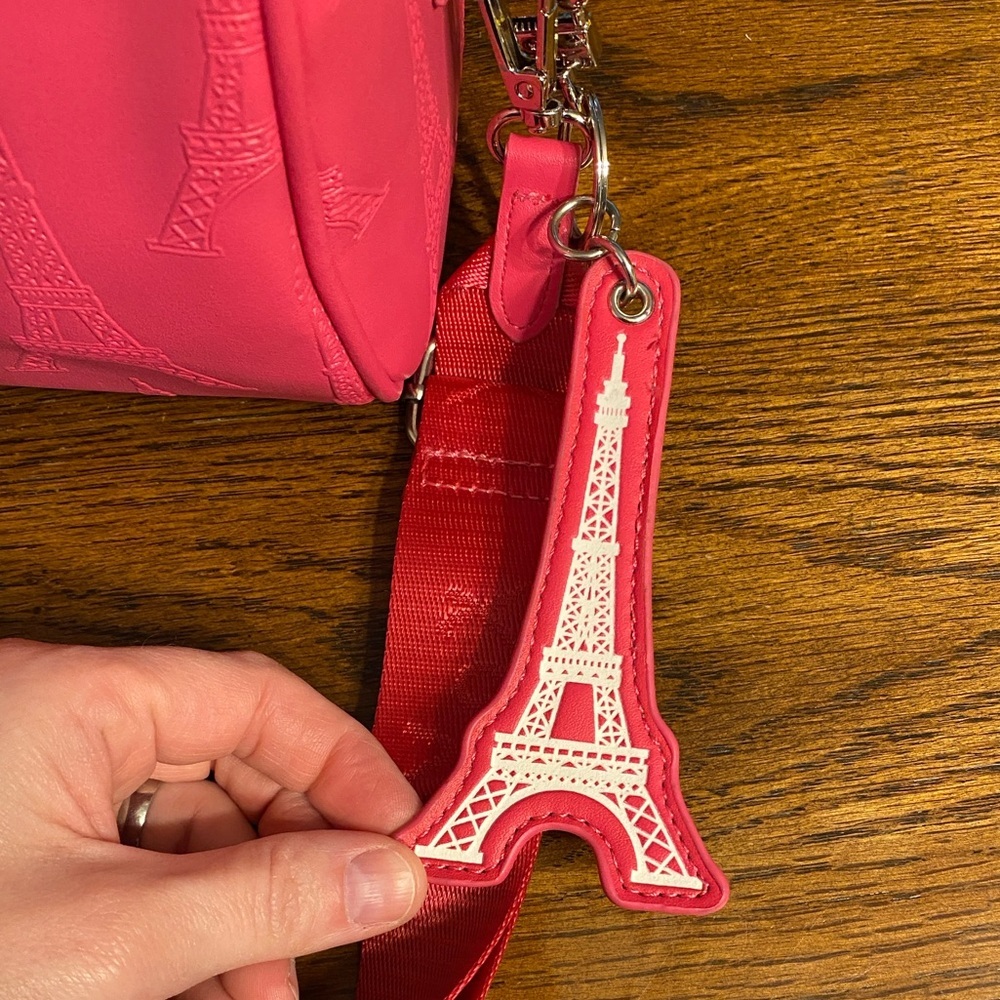 Betsey Johnson Pink Mini Duffel Crossbody Bag Eiffel Tower Paris Barrel Purse - Picture 3 of 13